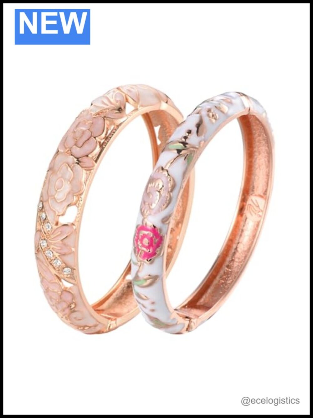 Cloisonne Enamel Hinged Cuff Bracelet Set Rhinestone Rose Gift